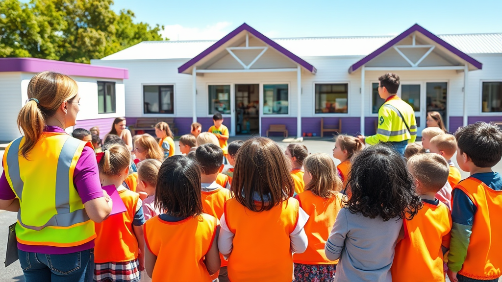 A group of children gather outside their daycare in an orderly fashion, listening to their teachers who are wearing high-vis vests.