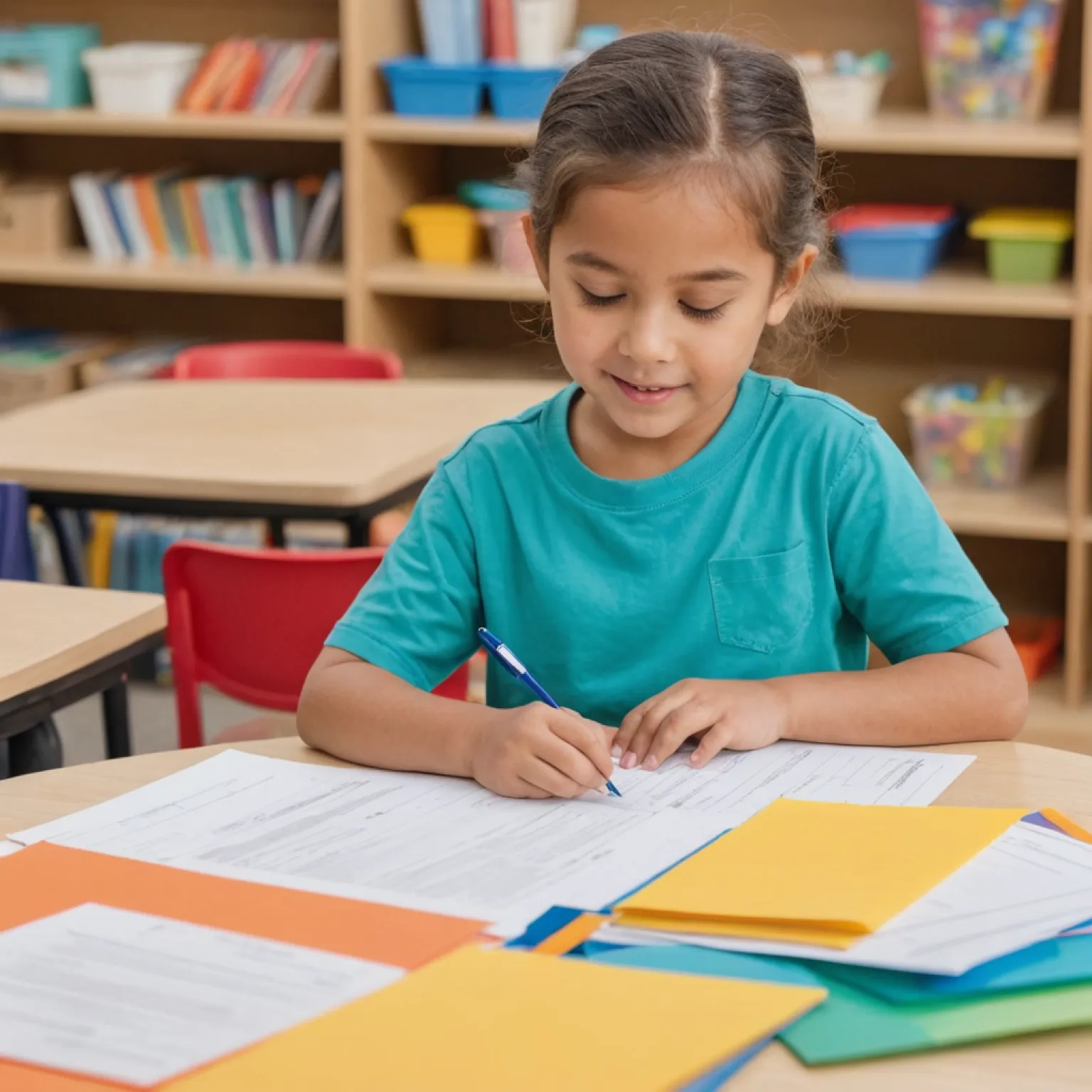 A small girl sits on a table writing on paper.
