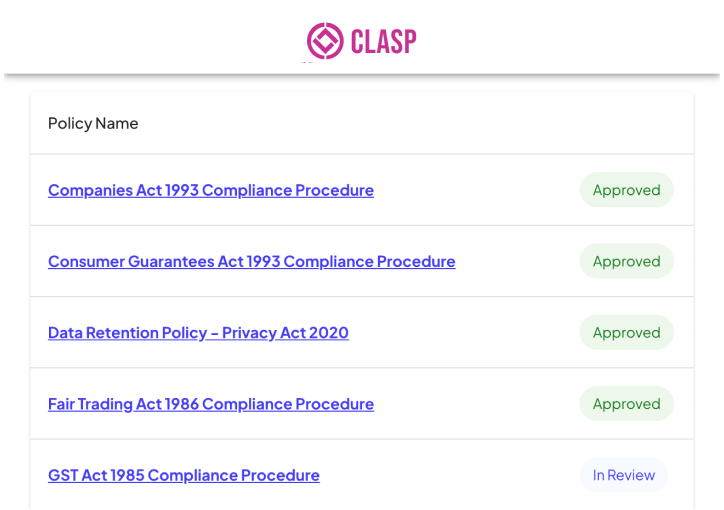 Policy list showing approved policies