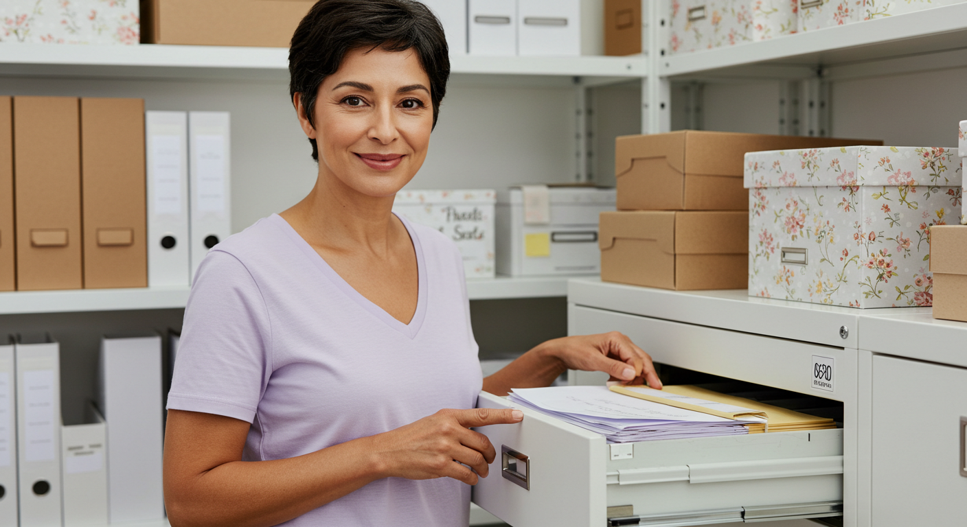 A woman stands by a full filing cabinet, with more filing boxes taking up space in the shelves behind her